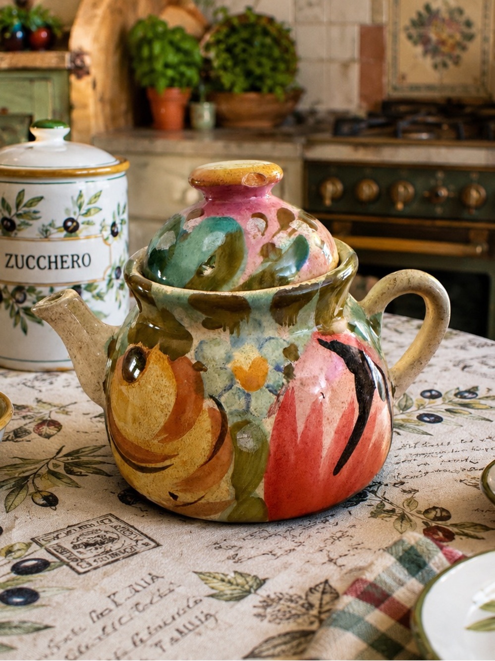 Source Unknown Hand-Painted Ceramic Teapot in Pink, Green, Yellow and Orange